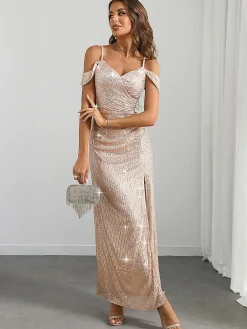 Best Retro Stage 1930s Sequin Cold-Shoulder Mermaid Long Dress Champagne