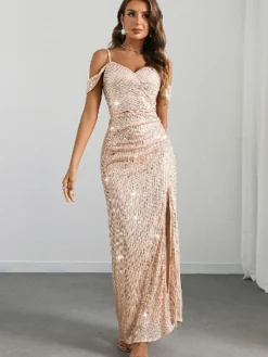 Best Retro Stage 1930s Sequin Cold-Shoulder Mermaid Long Dress Champagne