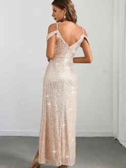 Best Retro Stage 1930s Sequin Cold-Shoulder Mermaid Long Dress Champagne