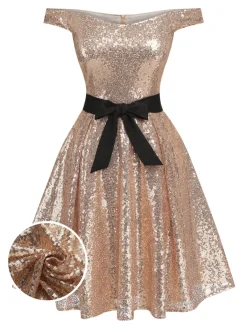 Fashion Retro Stage 1950s Sequined Off-shoulder Dress Champagne