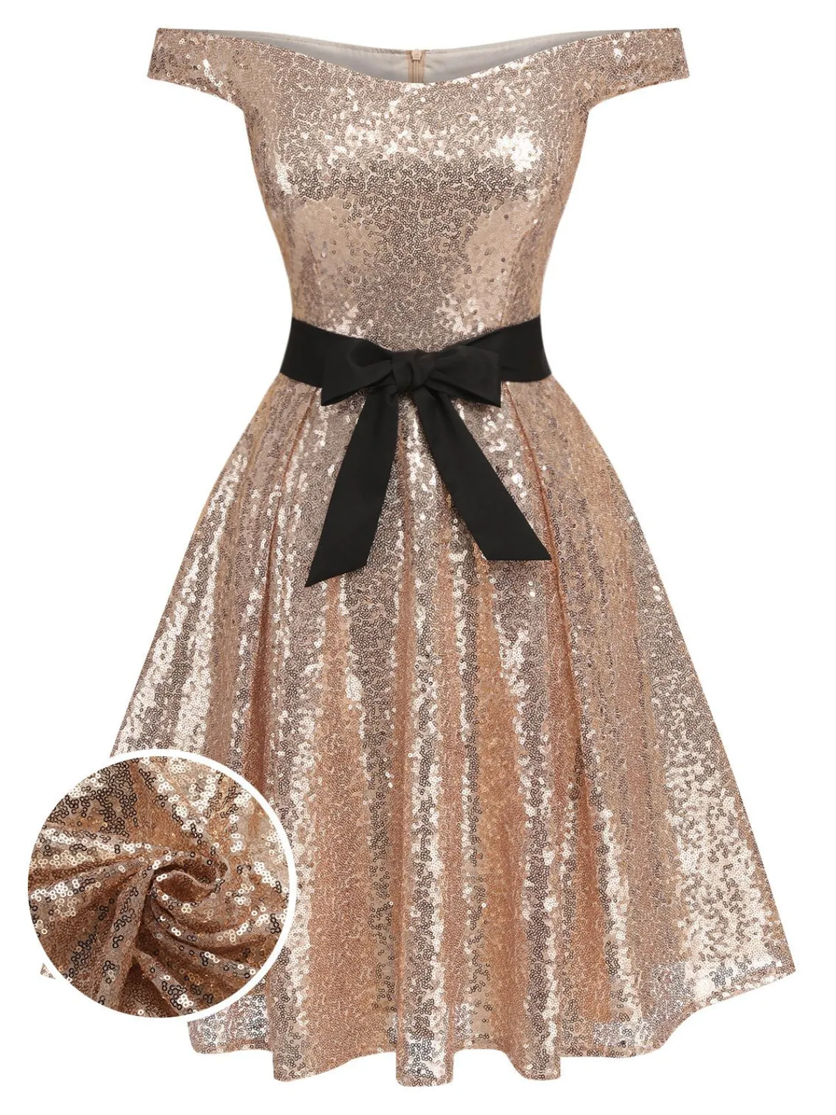 Fashion Retro Stage 1950s Sequined Off-shoulder Dress Champagne