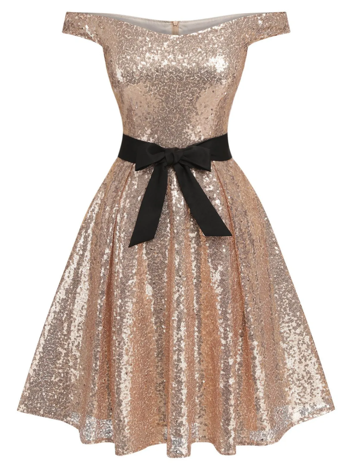 Fashion Retro Stage 1950s Sequined Off-shoulder Dress Champagne