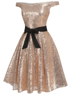 Fashion Retro Stage 1950s Sequined Off-shoulder Dress Champagne
