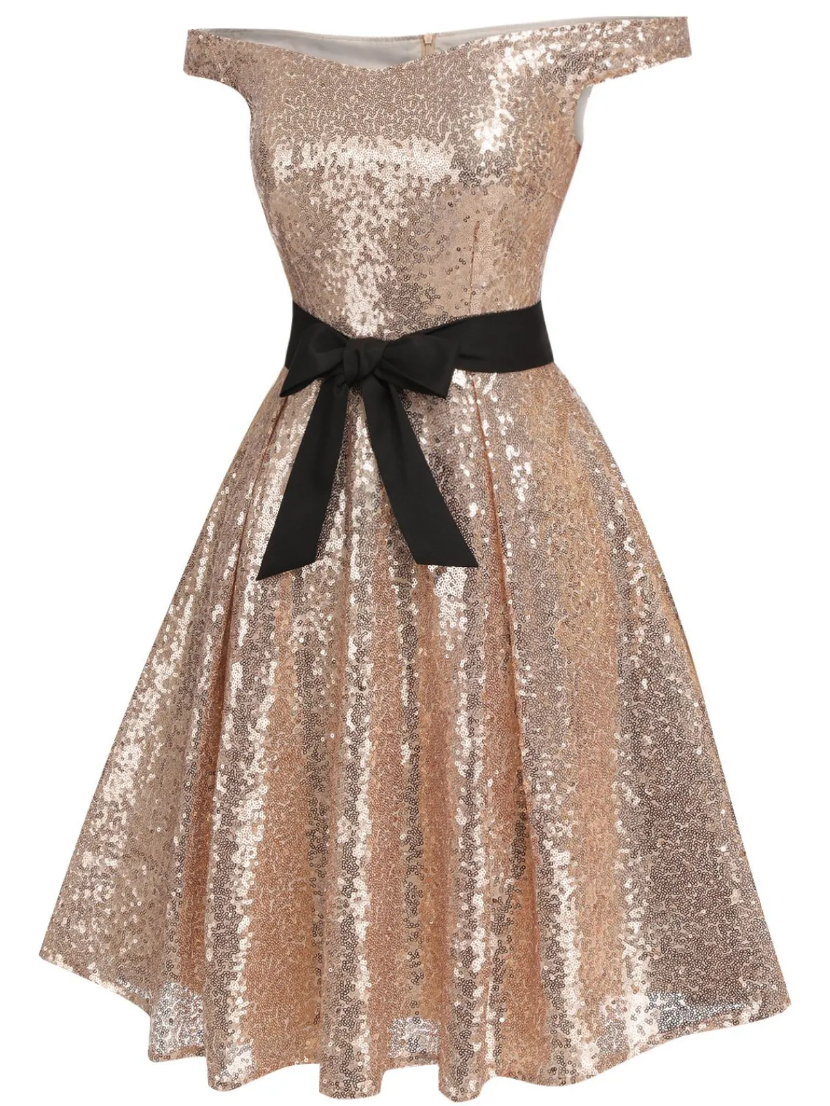 Fashion Retro Stage 1950s Sequined Off-shoulder Dress Champagne