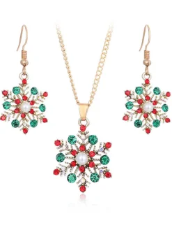 Online Retro Stage Christmas Alloy Diamond Snowflake Necklace Earring Set
