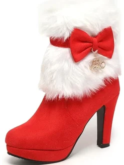 New Retro Stage Christmas Flannelette Fur Beading Chunky Heel Boots Red