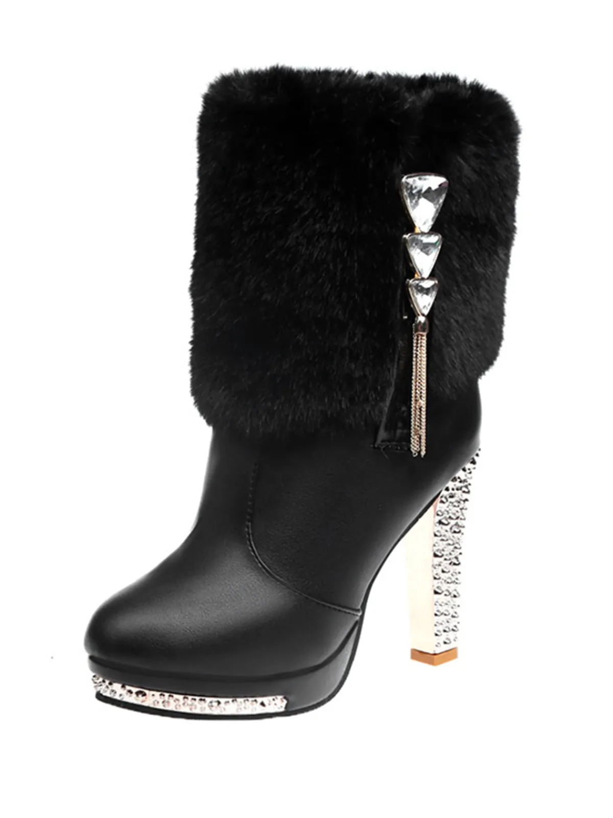 Hot Retro Stage Christmas Fur And Leather Rhinestone Boots