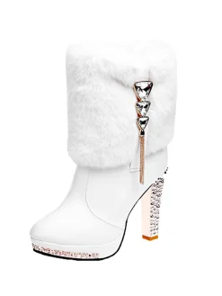 Hot Retro Stage Christmas Fur And Leather Rhinestone Boots