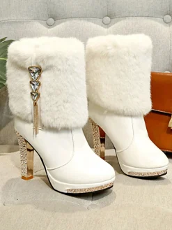 Hot Retro Stage Christmas Fur And Leather Rhinestone Boots