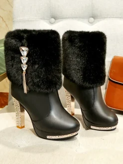Hot Retro Stage Christmas Fur And Leather Rhinestone Boots
