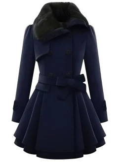 Best Retro Stage Christmas Fur Collar Waisted Woolen Coat