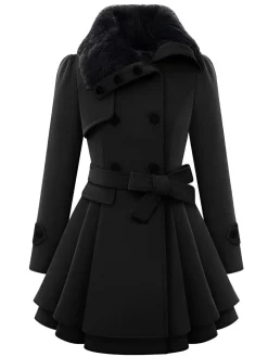 Best Retro Stage Christmas Fur Collar Waisted Woolen Coat