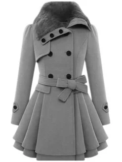 Best Retro Stage Christmas Fur Collar Waisted Woolen Coat