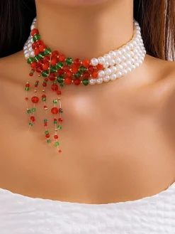 Fashion Retro Stage Christmas Multilayer Contrast Pearl Strand Necklace