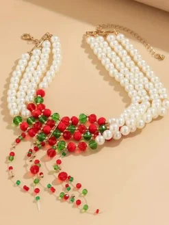 Fashion Retro Stage Christmas Multilayer Contrast Pearl Strand Necklace