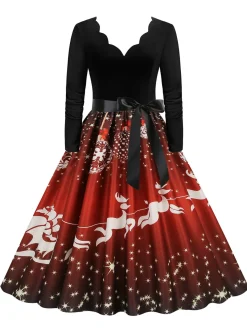 Online Retro Stage Christmas 1950s V-Neck Long Sleeve Patchwork Dress