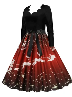 Online Retro Stage Christmas 1950s V-Neck Long Sleeve Patchwork Dress