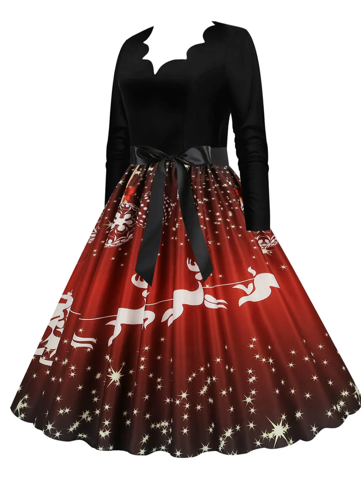Online Retro Stage Christmas 1950s V-Neck Long Sleeve Patchwork Dress