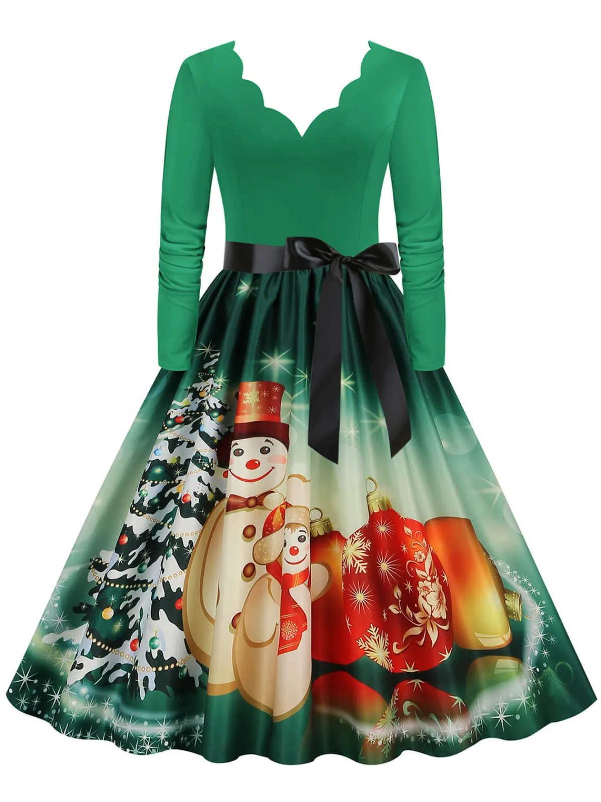 Online Retro Stage Christmas 1950s V-Neck Long Sleeve Patchwork Dress