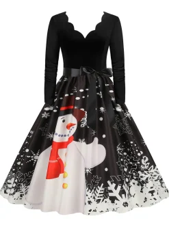 Online Retro Stage Christmas 1950s V-Neck Long Sleeve Patchwork Dress