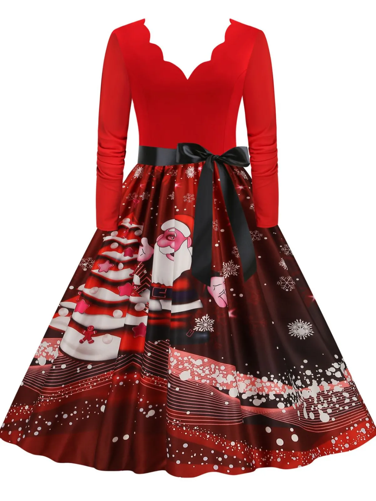 Online Retro Stage Christmas 1950s V-Neck Long Sleeve Patchwork Dress