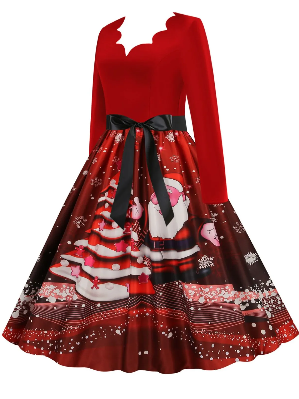 Online Retro Stage Christmas 1950s V-Neck Long Sleeve Patchwork Dress