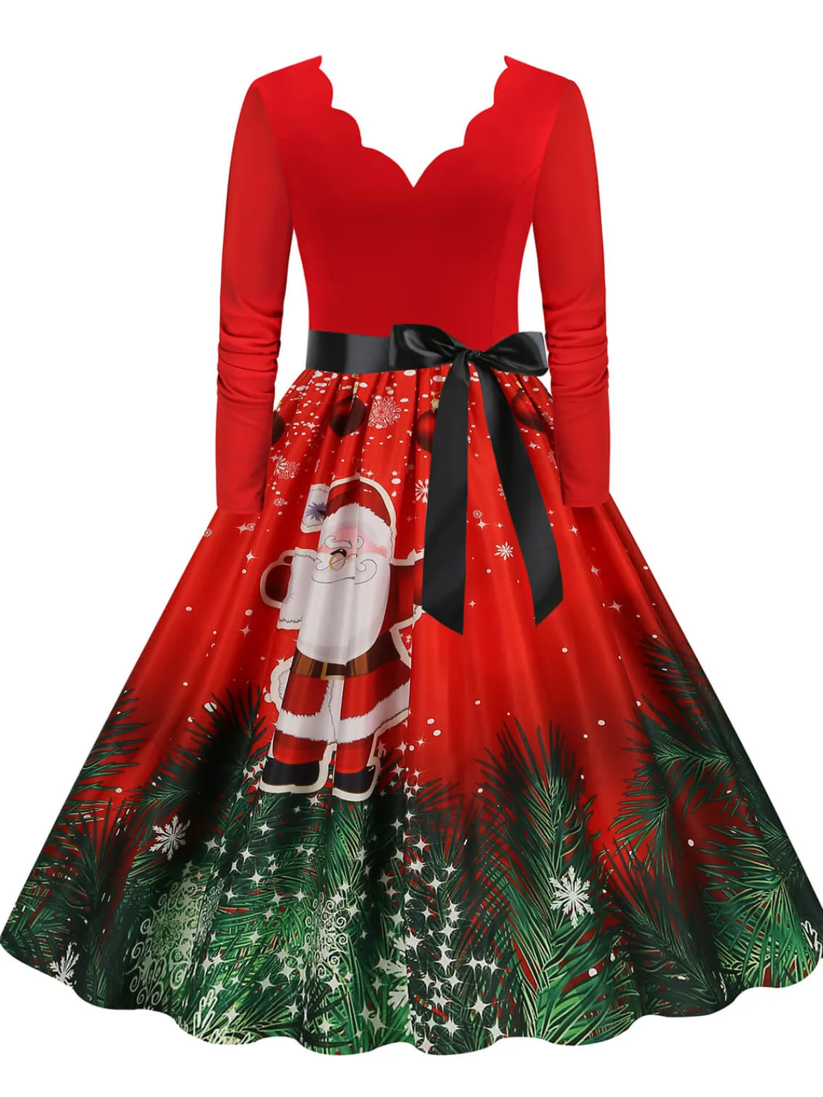 Online Retro Stage Christmas 1950s V-Neck Long Sleeve Patchwork Dress