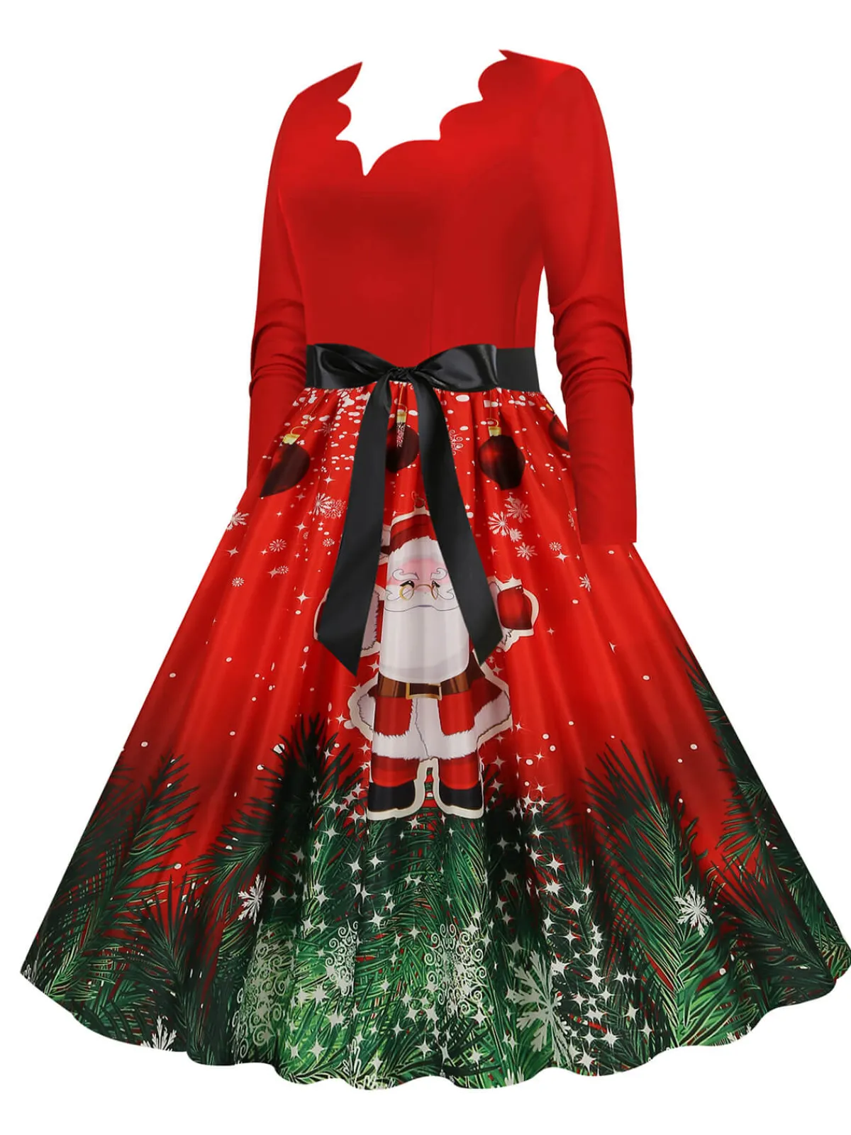 Online Retro Stage Christmas 1950s V-Neck Long Sleeve Patchwork Dress