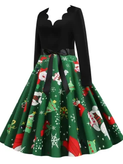Best Retro Stage Christmas 1950s V-Neck Patchwork Swing Dress