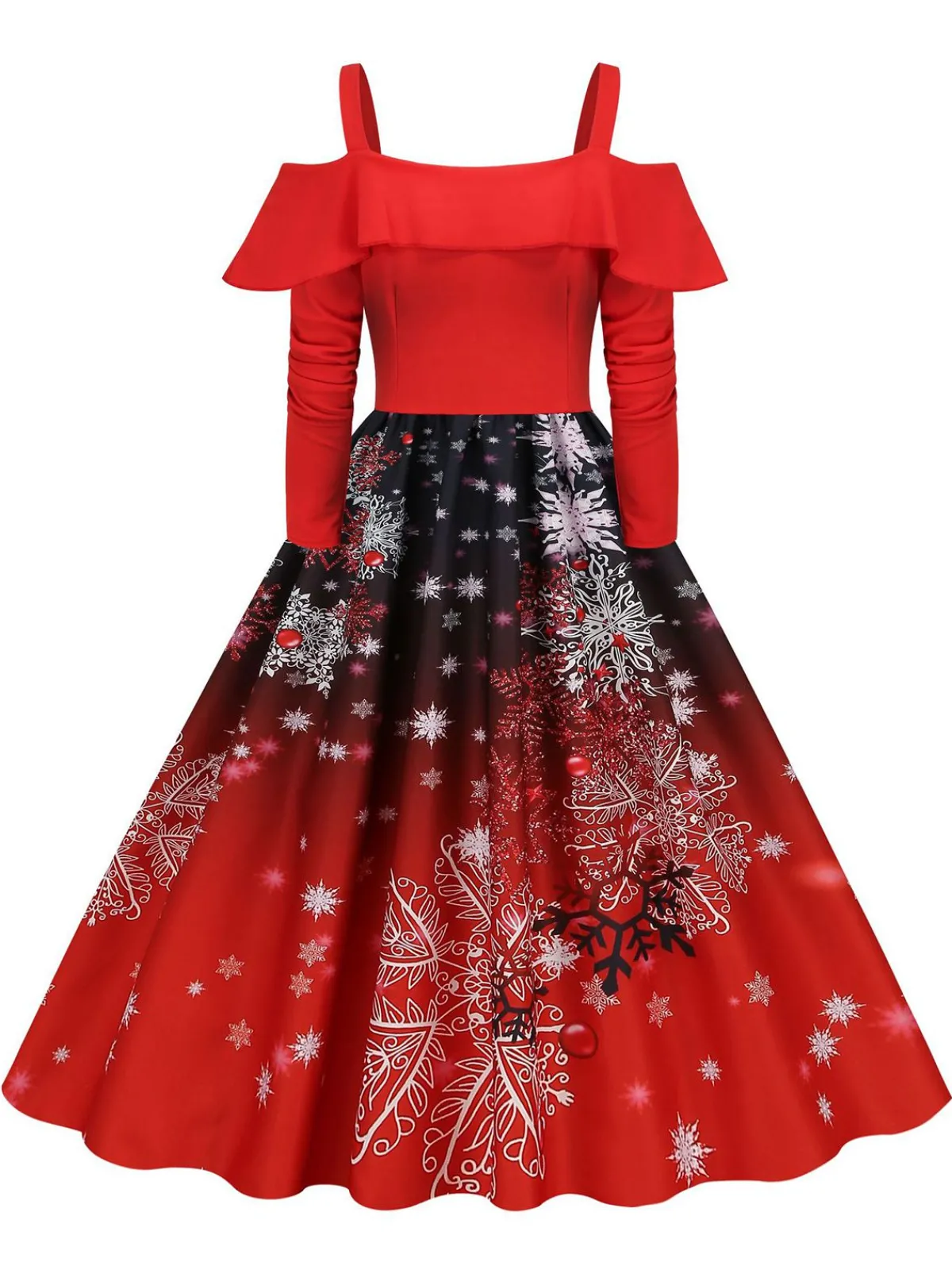 Online Retro Stage Christmas Suspender Ruffle Long Sleeve Dress