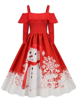 Online Retro Stage Christmas Suspender Ruffle Long Sleeve Dress