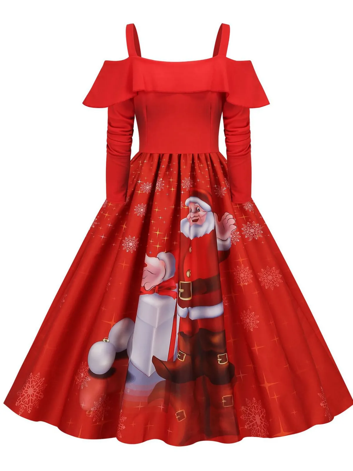 Online Retro Stage Christmas Suspender Ruffle Long Sleeve Dress