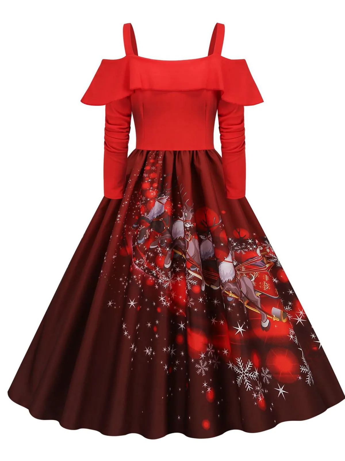 Online Retro Stage Christmas Suspender Ruffle Long Sleeve Dress