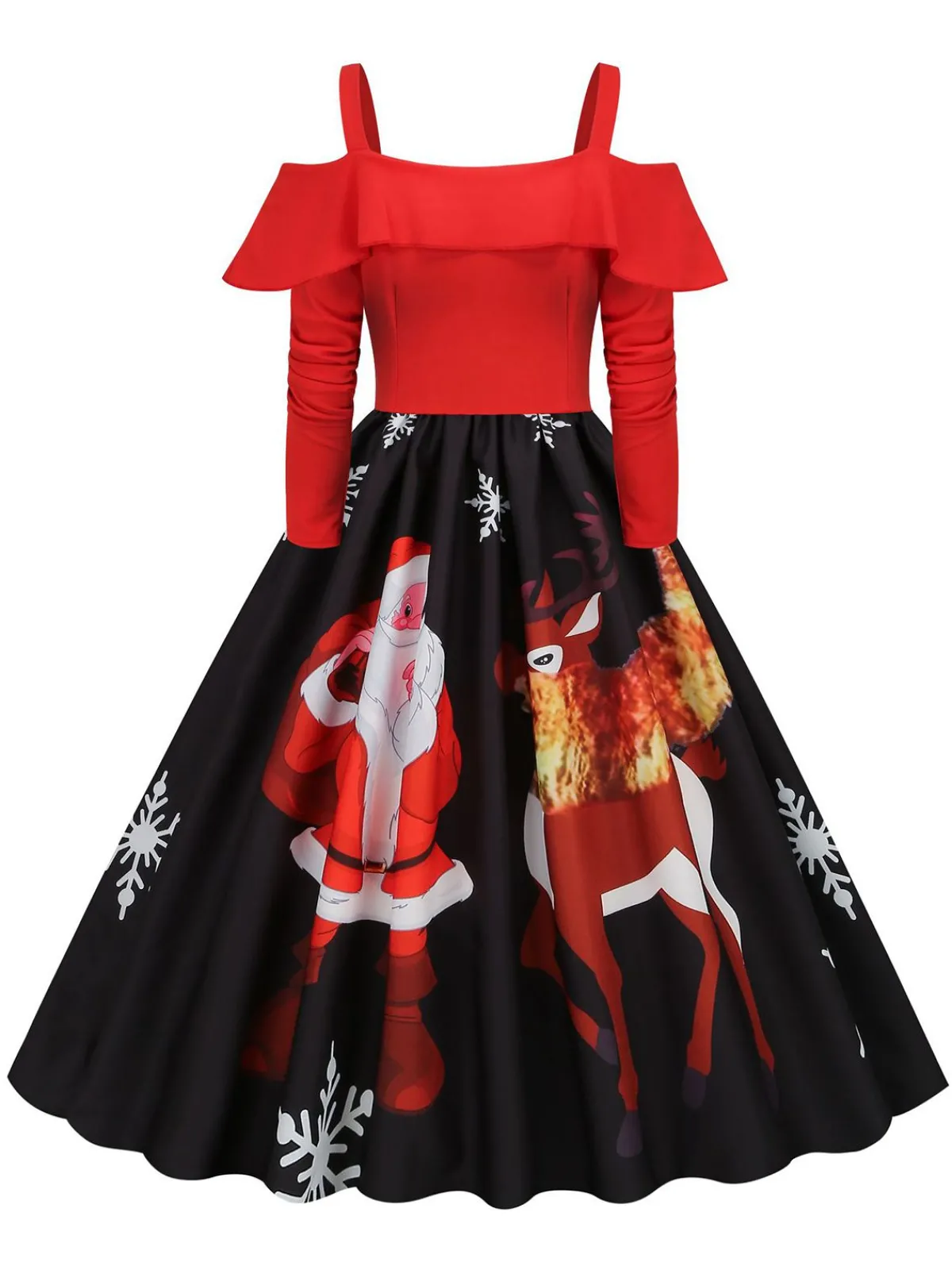 Online Retro Stage Christmas Suspender Ruffle Long Sleeve Dress