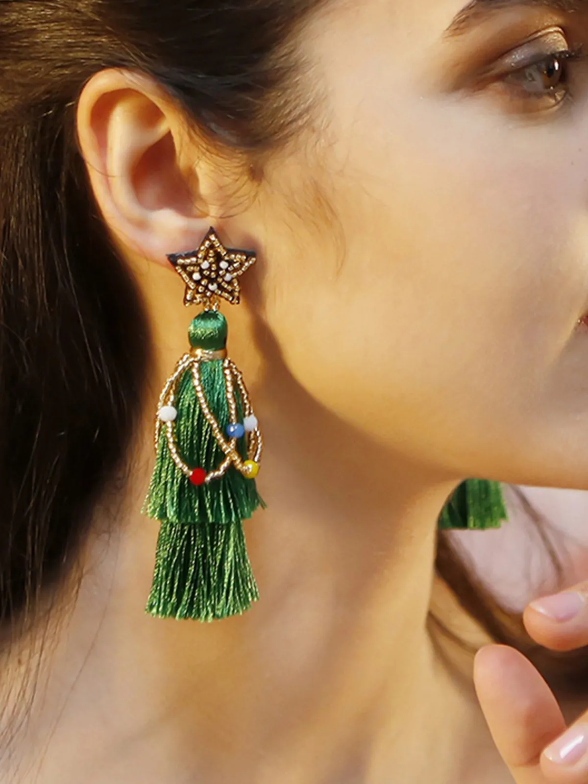 Clearance Retro Stage Christmas Tree Tassel Beaded Dangle Earrings