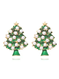 Outlet Retro Stage Christmas Trees Pearl Stars Earrings