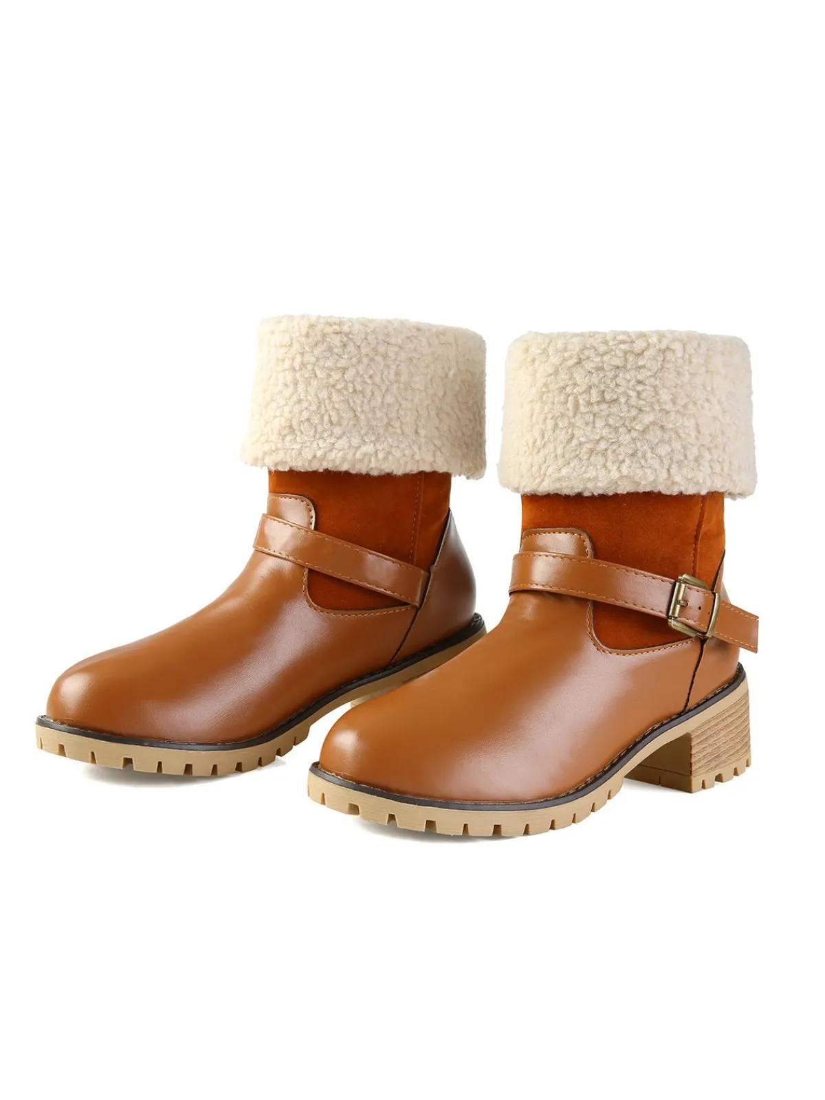 Online Retro Stage Chunky Heel Belt Buckle Plush Mid-Calf Boots Khaki