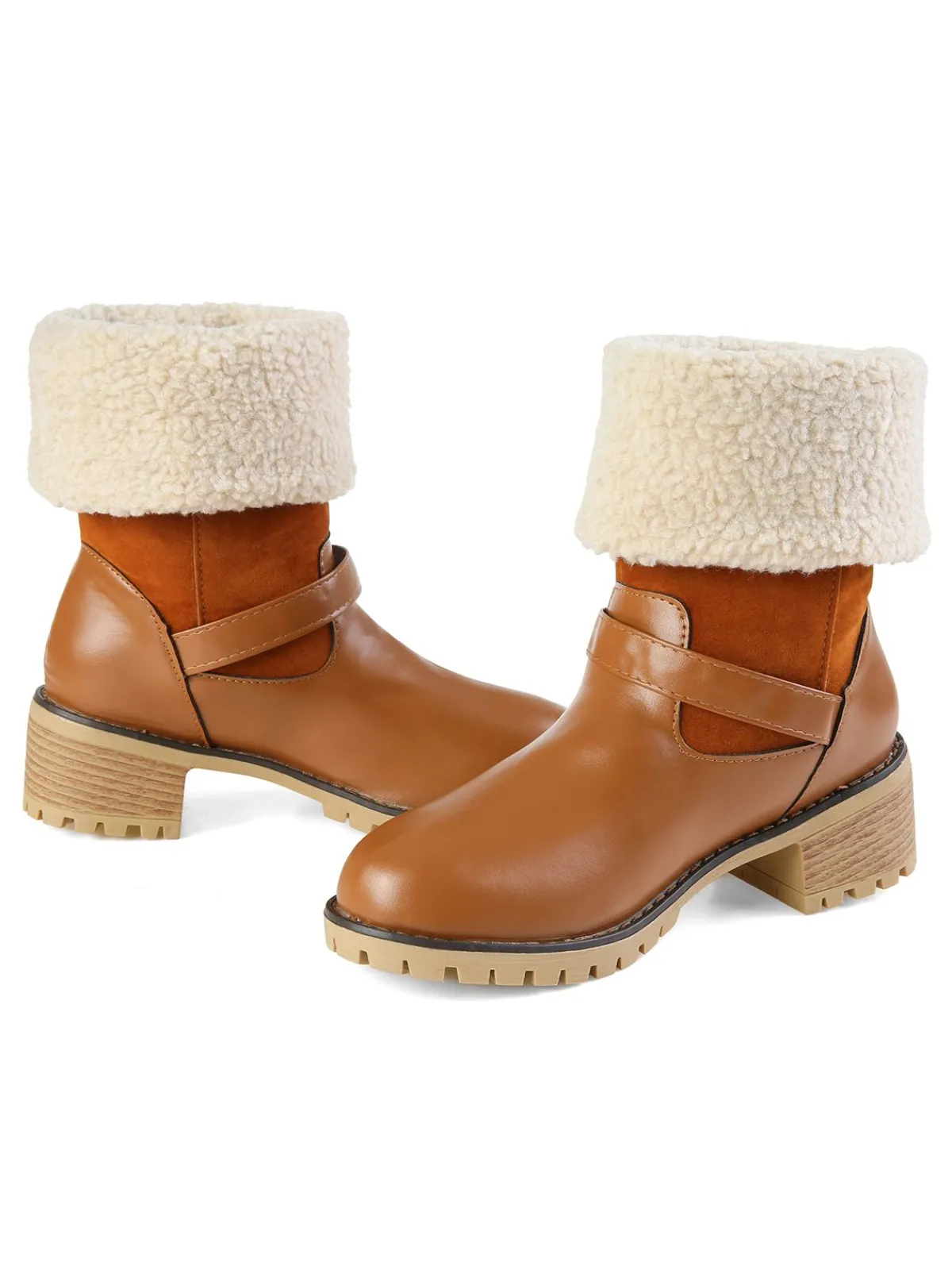 Online Retro Stage Chunky Heel Belt Buckle Plush Mid-Calf Boots Khaki
