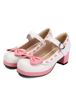 Fashion Retro Stage Chunky Heel Two Tone Bow Marry Jane Shoes