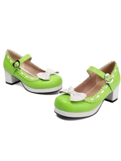 Fashion Retro Stage Chunky Heel Two Tone Bow Marry Jane Shoes
