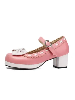 Fashion Retro Stage Chunky Heel Two Tone Bow Marry Jane Shoes