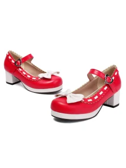Fashion Retro Stage Chunky Heel Two Tone Bow Marry Jane Shoes