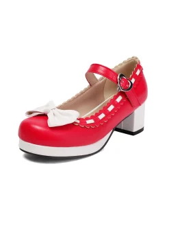 Fashion Retro Stage Chunky Heel Two Tone Bow Marry Jane Shoes