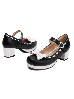 Fashion Retro Stage Chunky Heel Two Tone Bow Marry Jane Shoes