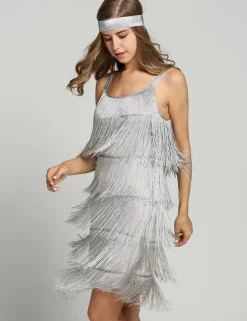 New Retro Stage [Clearance] Belted 1920s Fringe Gatsby Dress Gray