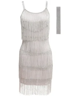 New Retro Stage [Clearance] Belted 1920s Fringe Gatsby Dress Gray