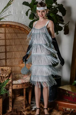 Discount Retro Stage [Clearance] Belted 1920s Fringe Gatsby Dress-US Warehouse Gray