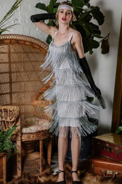 Discount Retro Stage [Clearance] Belted 1920s Fringe Gatsby Dress-US Warehouse Gray