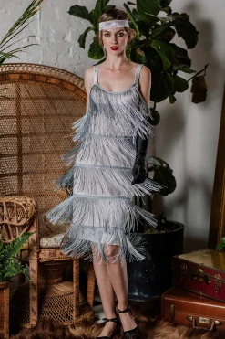 Discount Retro Stage [Clearance] Belted 1920s Fringe Gatsby Dress-US Warehouse Gray