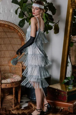 Discount Retro Stage [Clearance] Belted 1920s Fringe Gatsby Dress-US Warehouse Gray